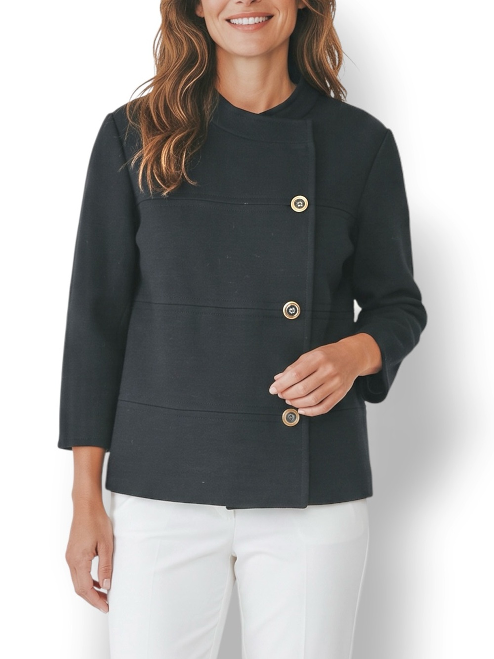 4/$20 Vintage Butte Knit Black 100% Wool Mod Jacket Gold Buttons Medium